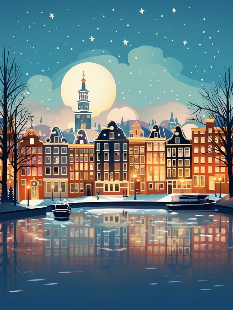 Winter Travel Night Illustration Amsterdam Netherlands 2