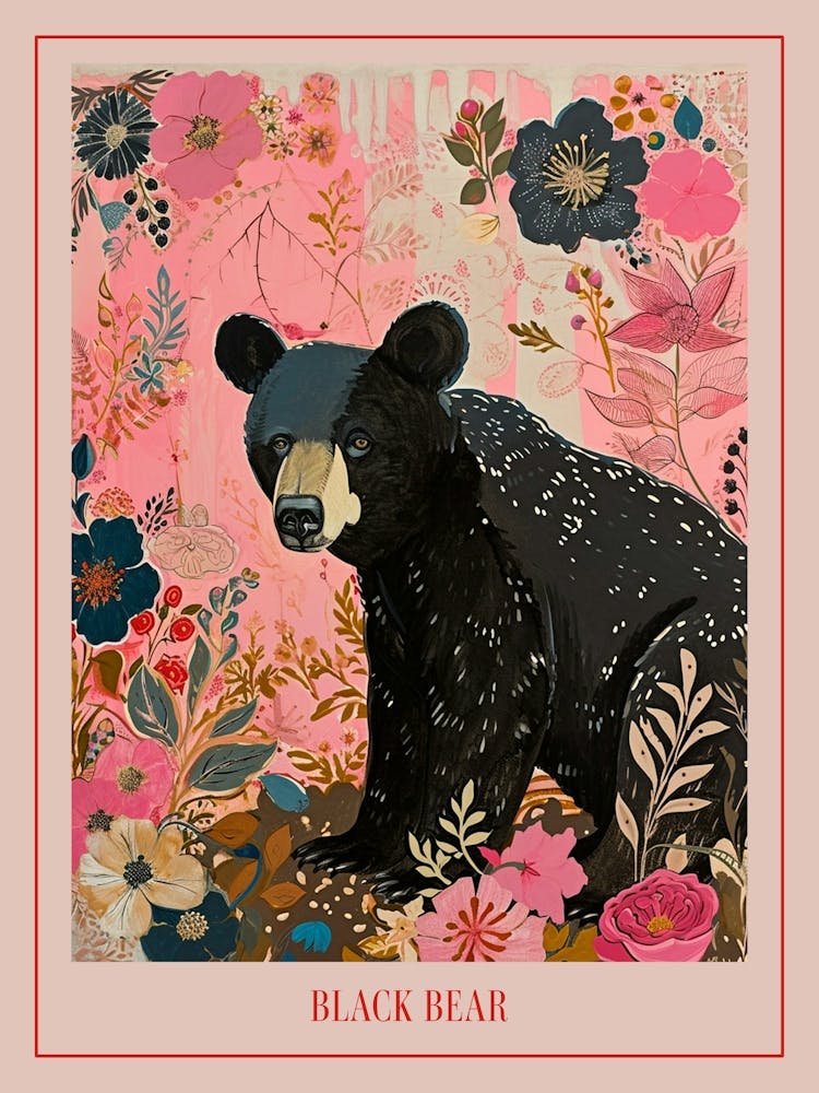 Floral Animal Painting Black Bear 1 Poster
