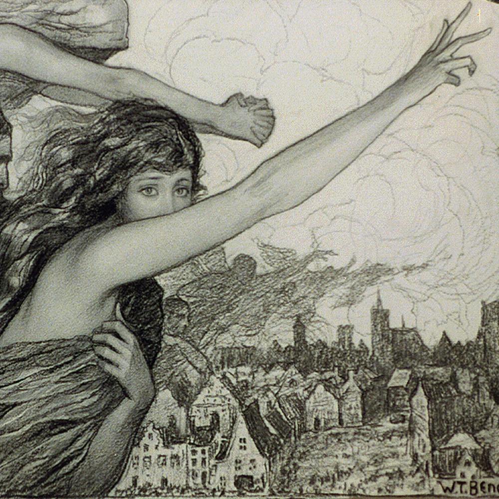 Woman With Outstretched Gesture And Other Spirits Over Townscape (1917) By Wladyslaw Theodore Benda