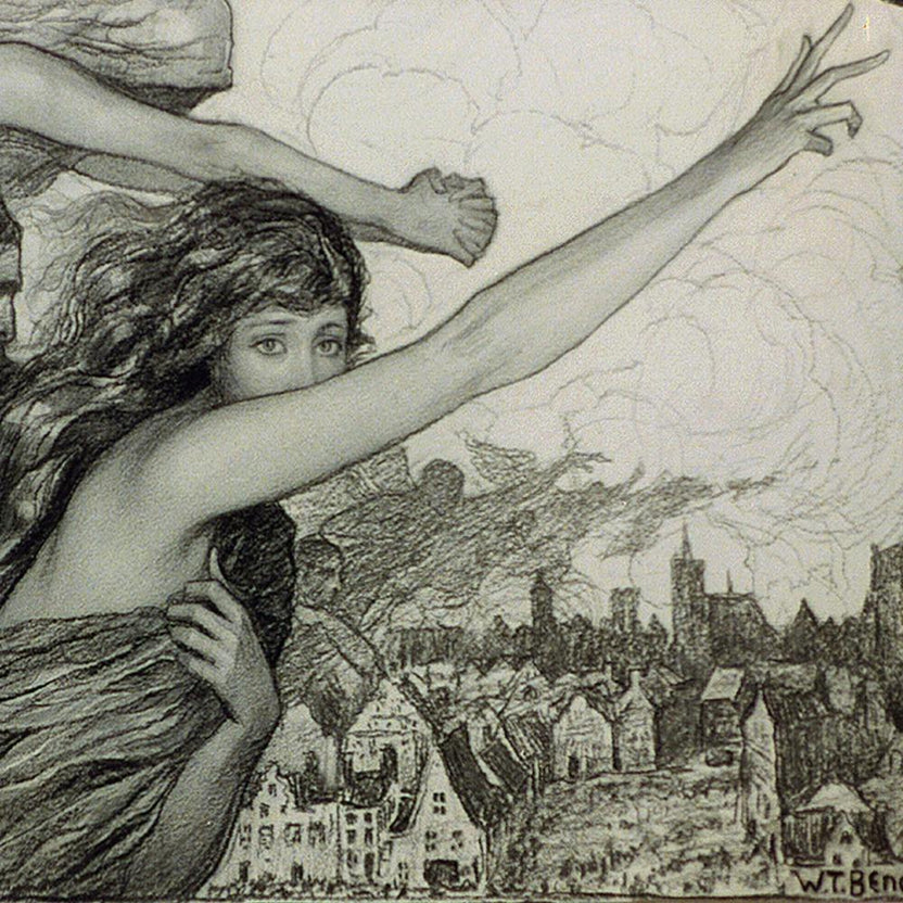 Woman With Outstretched Gesture And Other Spirits Over Townscape (1917) By Wladyslaw Theodore Benda