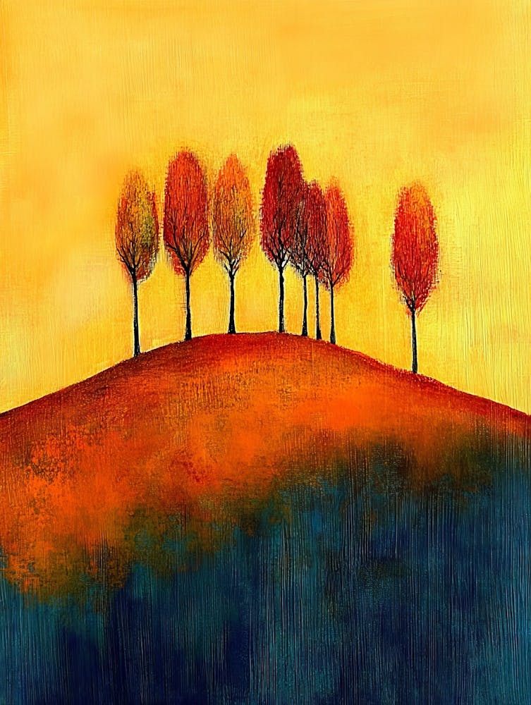 This Is An Abstract Painting Of Trees On A Hill