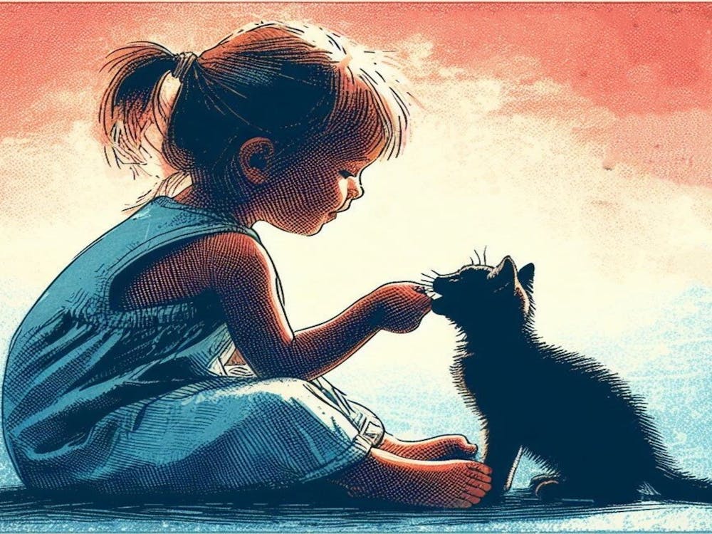 Petite Fille Jouant avec son Chaton - Affiche Murale