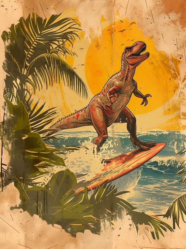 Vintage Amargasaurus Dinosaur On A Surf Board  1
