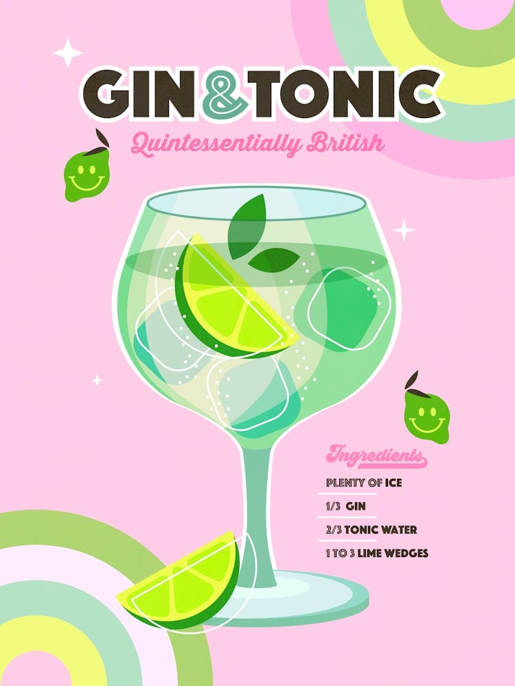 Gin and Tonic Cocktail - Retro Rainbow Pink and lime green