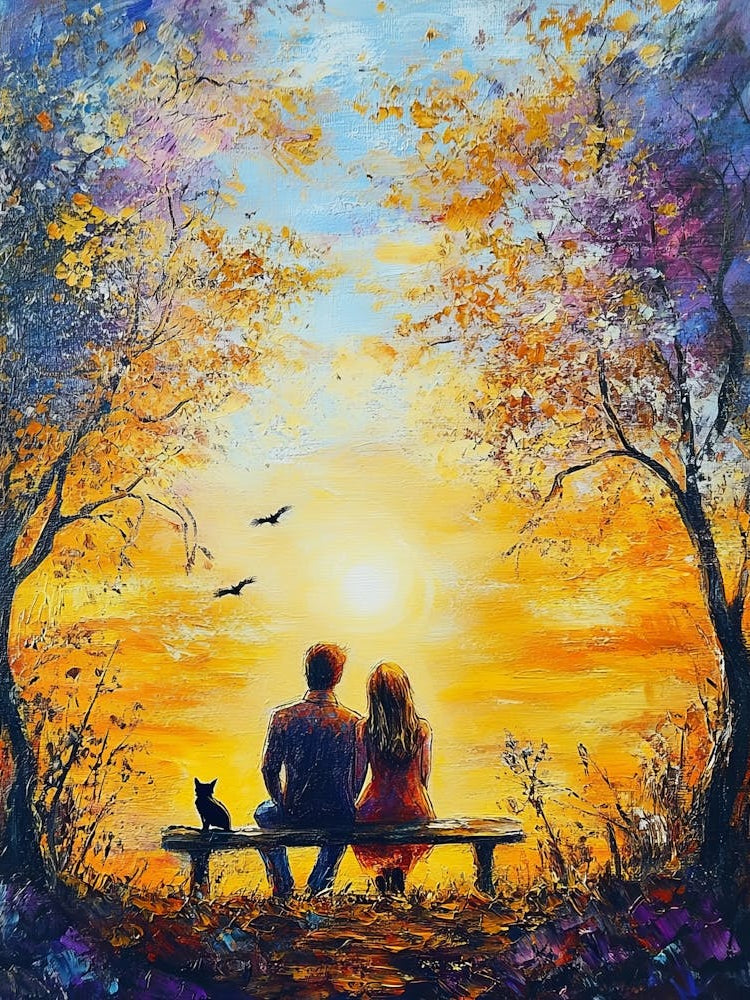 Couple Sitting On Bench At Sunset, Romance And Love