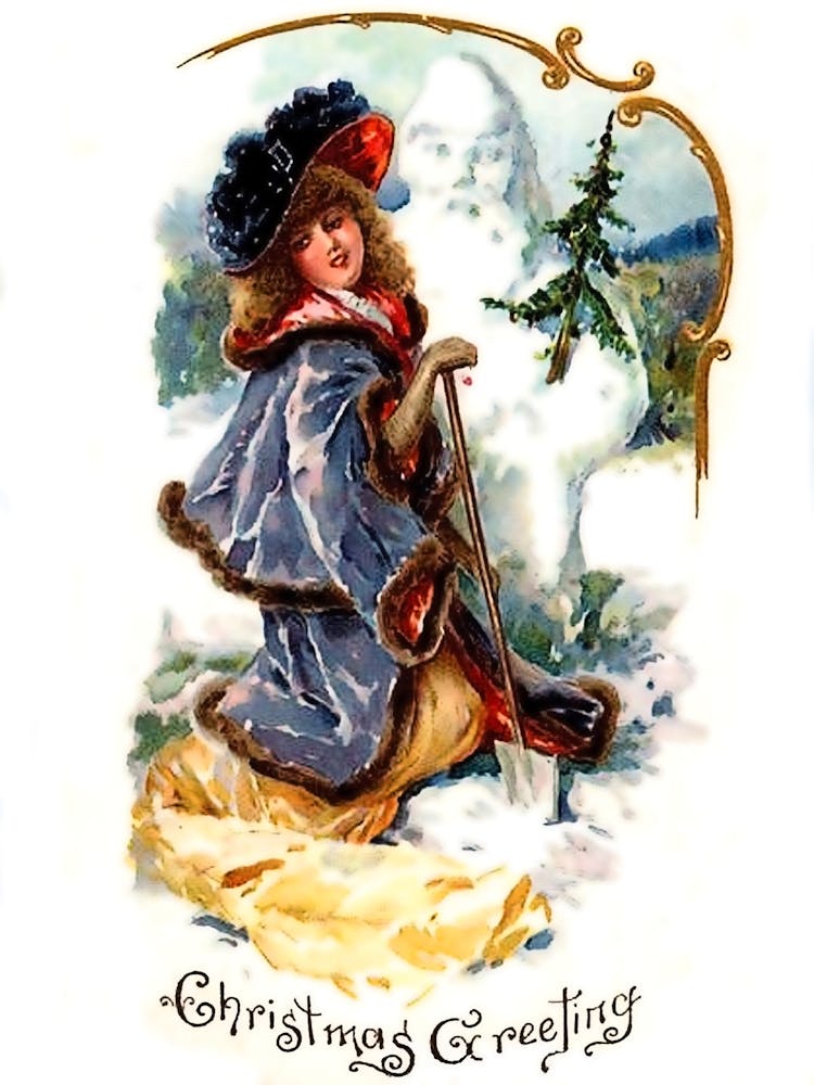 Lady Is Posing With A Snowman, Victorian Holiday Poster