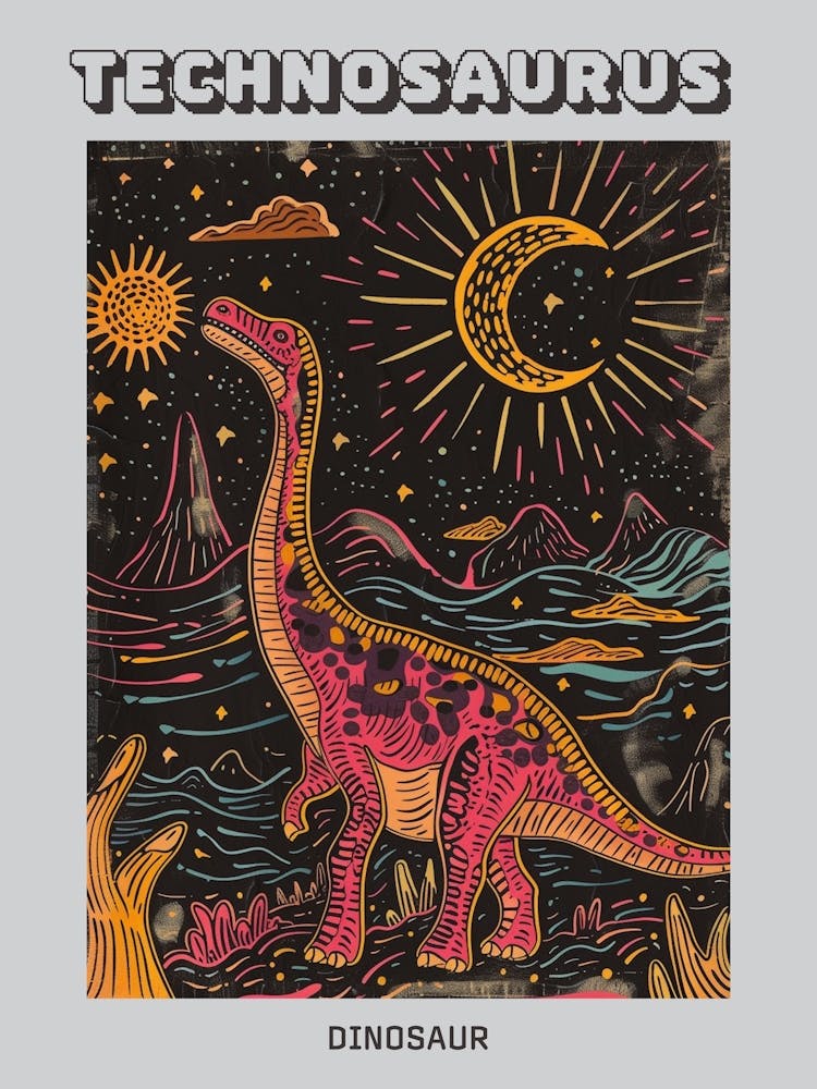 Orange & Mustard Neon Line Dinosaur Poster