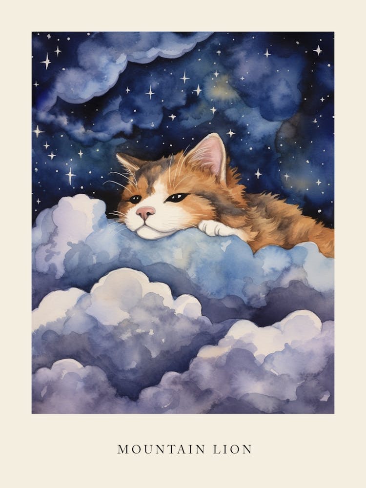 Baby Mountain Lion Sleeping In The Clouds Nursery Poster