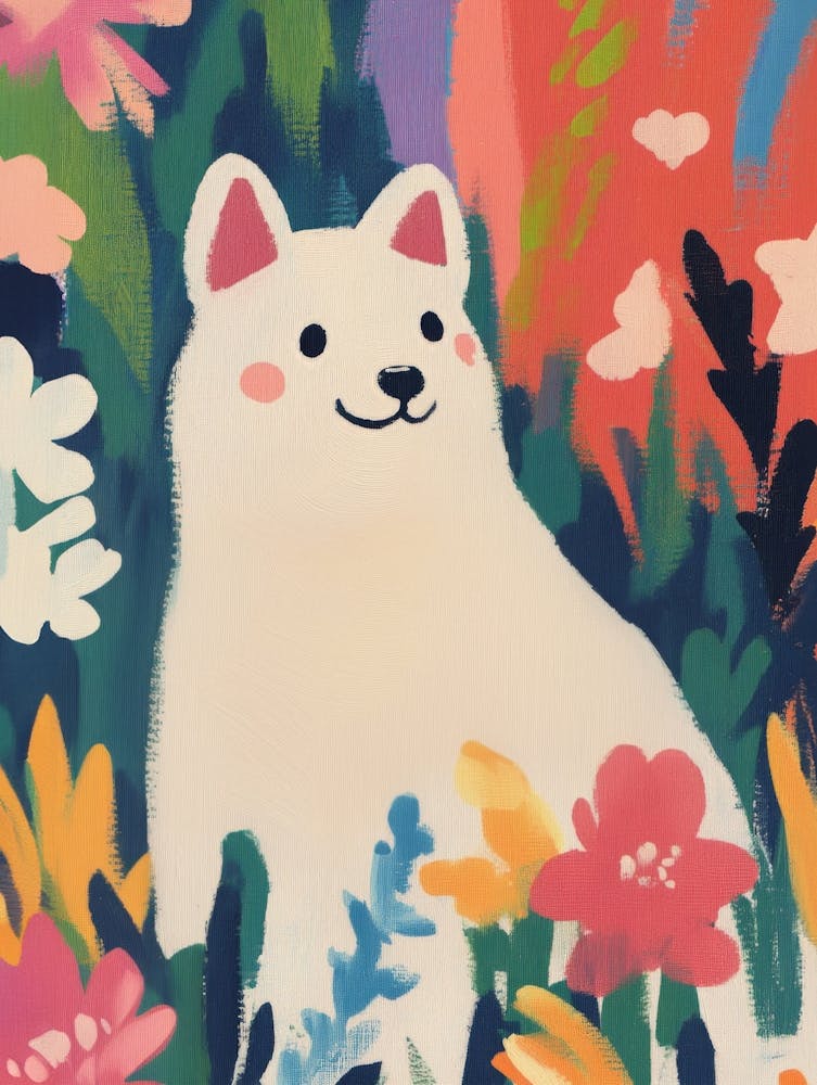 White Dog in the Garden Gouache Painting