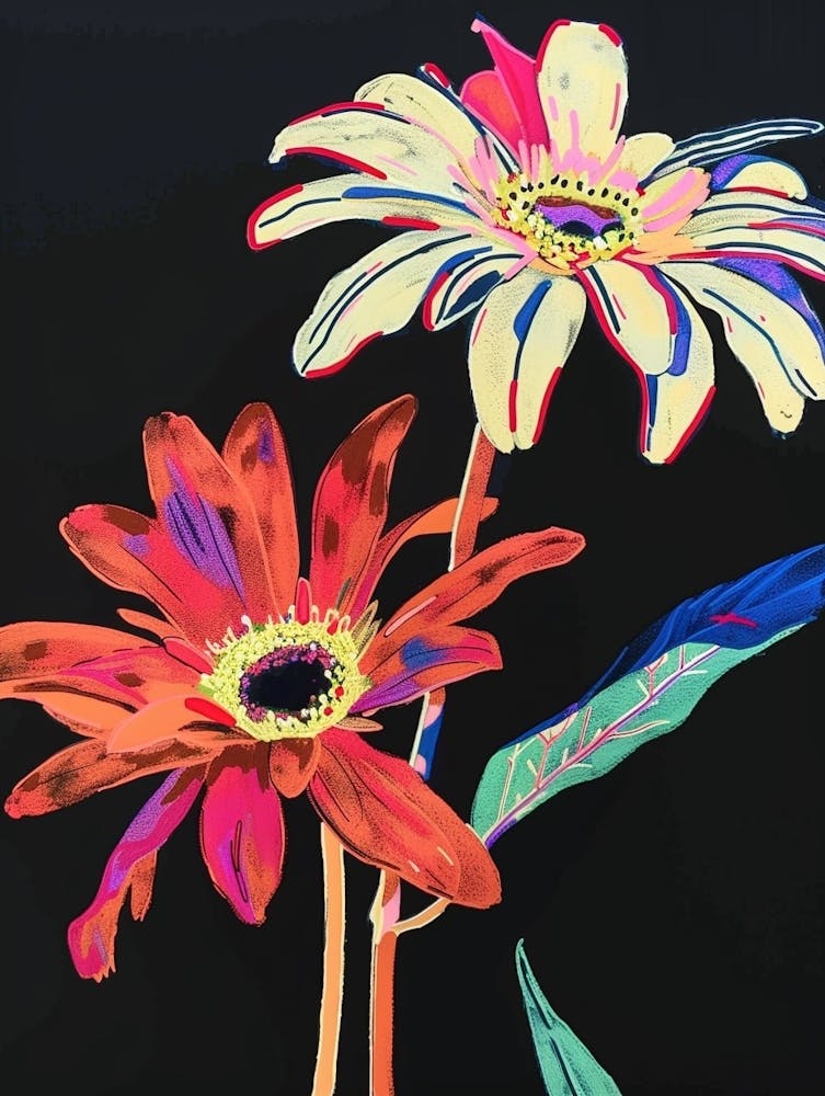 Neon Flowers On Black Gerbera Daisy 3