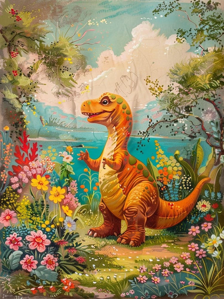 Dinosaur In A Floral Meadow Vintage Storybook Painting 1