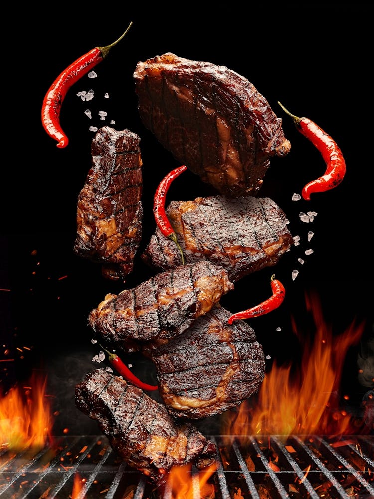 BBQ, Grilled pork, beef steaks — Food kitchen poster/blackboard, photo art
