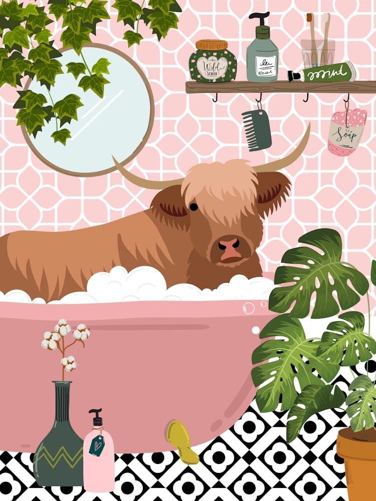 Highland Cow in Rose Botanical Bathtub