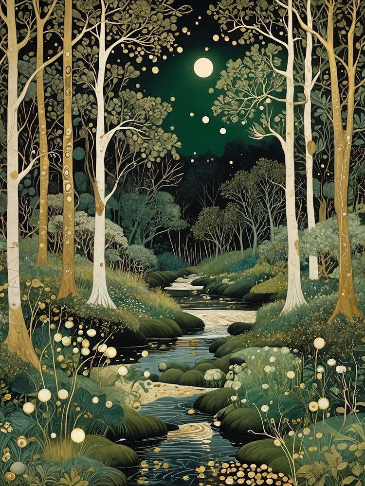 Glowing Lights In The Night Forest Stream no2