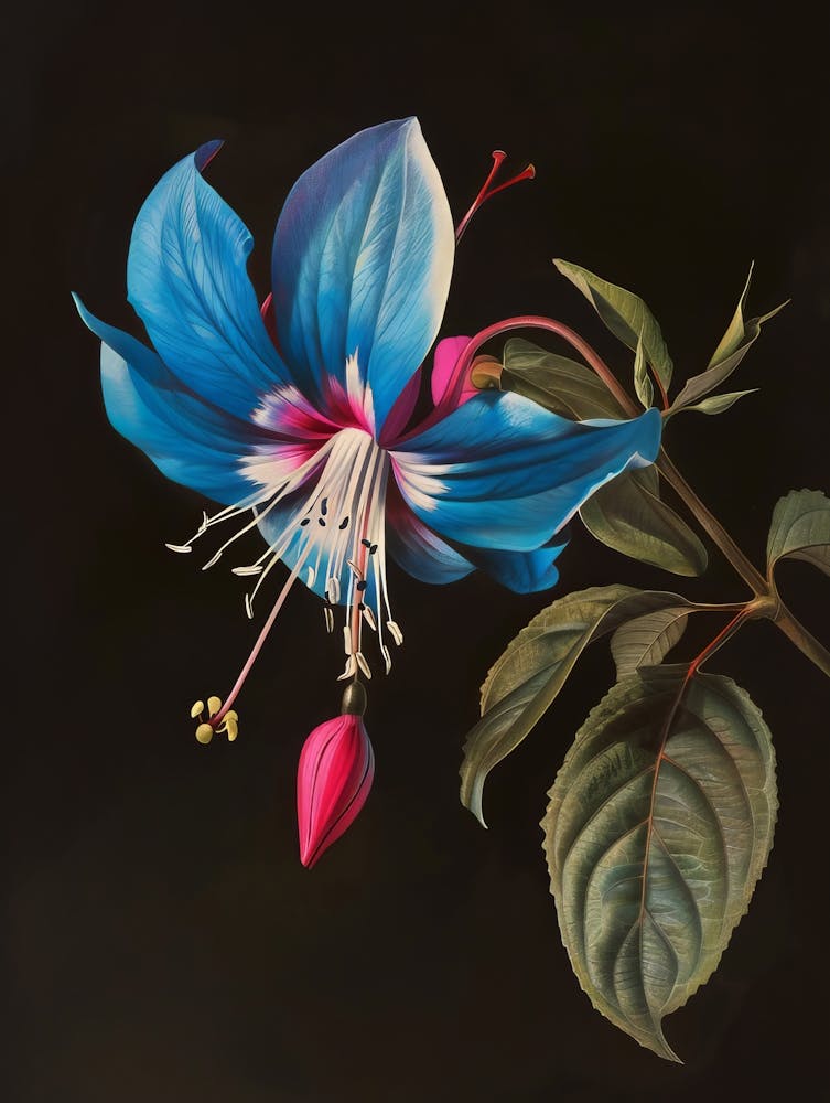 Floral Art 0005 Flower Single 0001 Fine Fl 0003 Bp6586 A Striking Blue And Fuchsia Flower On A Black Background 226125f4