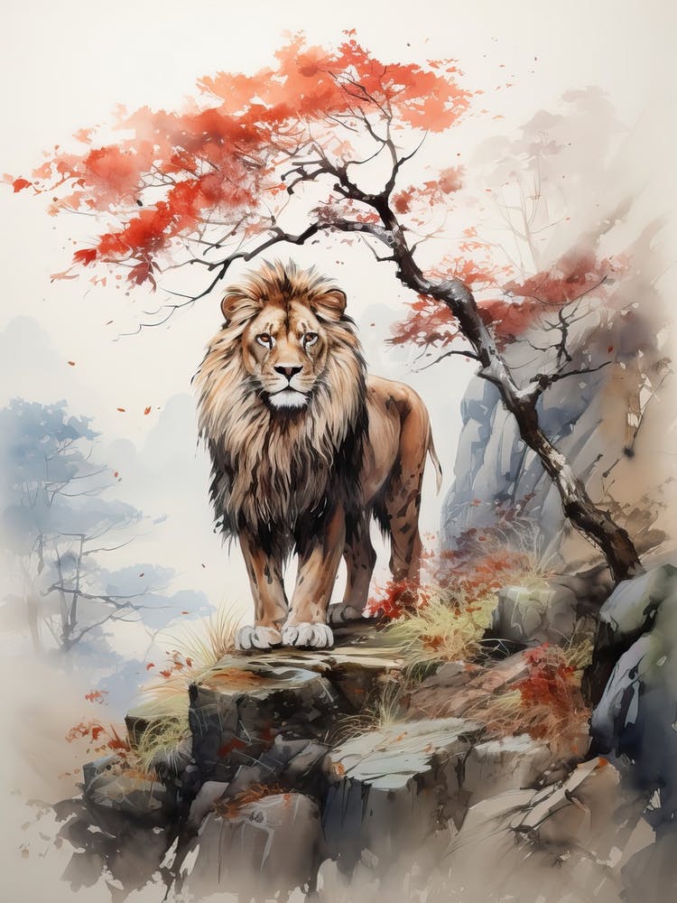 Lion, Japanese Brush Painting, Ukiyo E, Minimal 3