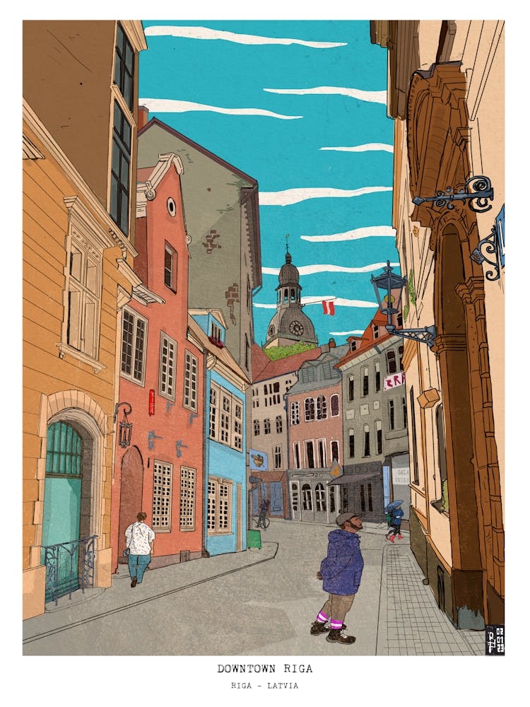 Downtown Riga Latvia - Latvia Travel Art - Whimsical Retro Cityscape Wall Art - Latvian Gifts, Fine