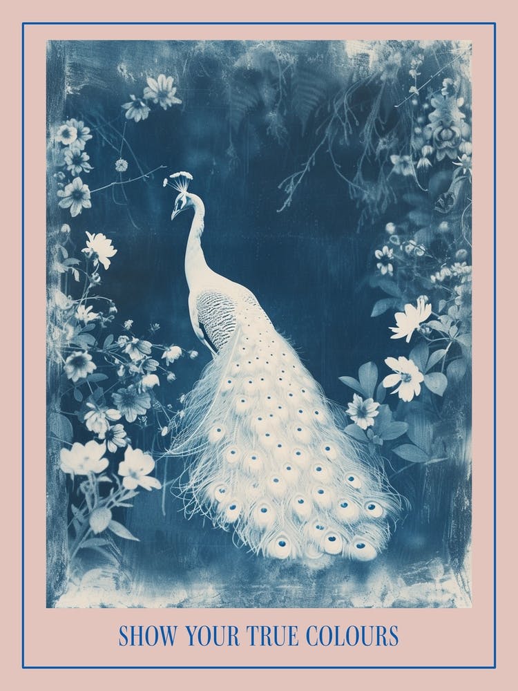 Floral White & Blue Peacock 2 Poster