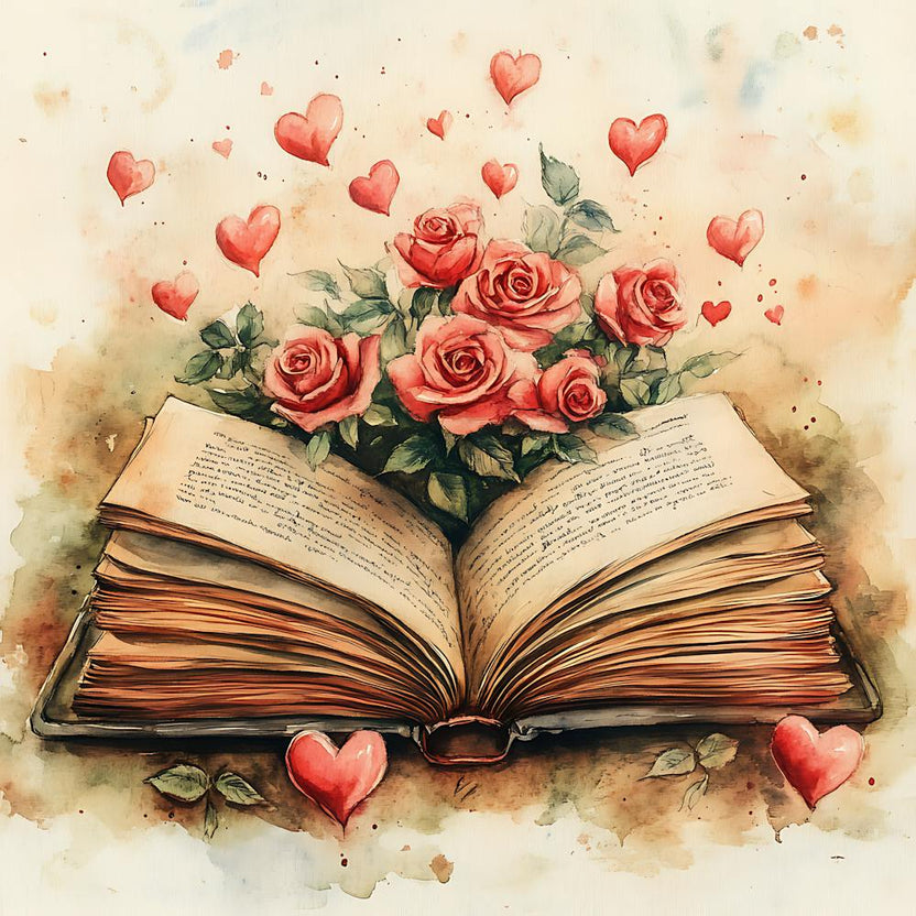Watercolor Romantic Book Roses Hearts