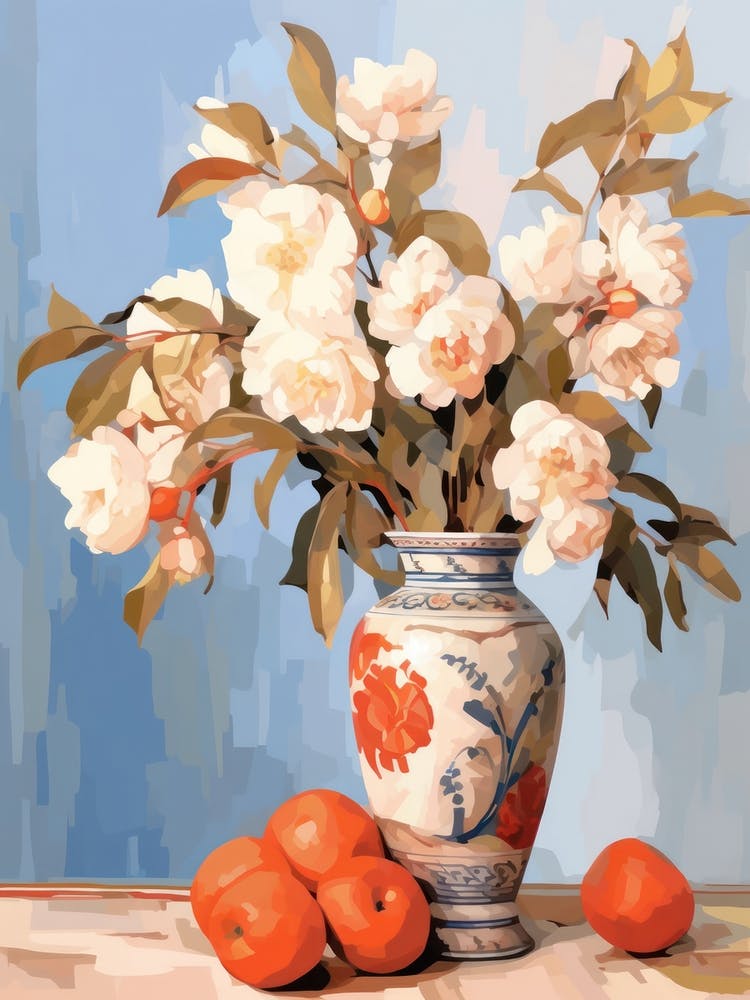 Camellia Flower And Peaches Still Life Painting 3 Dreamy