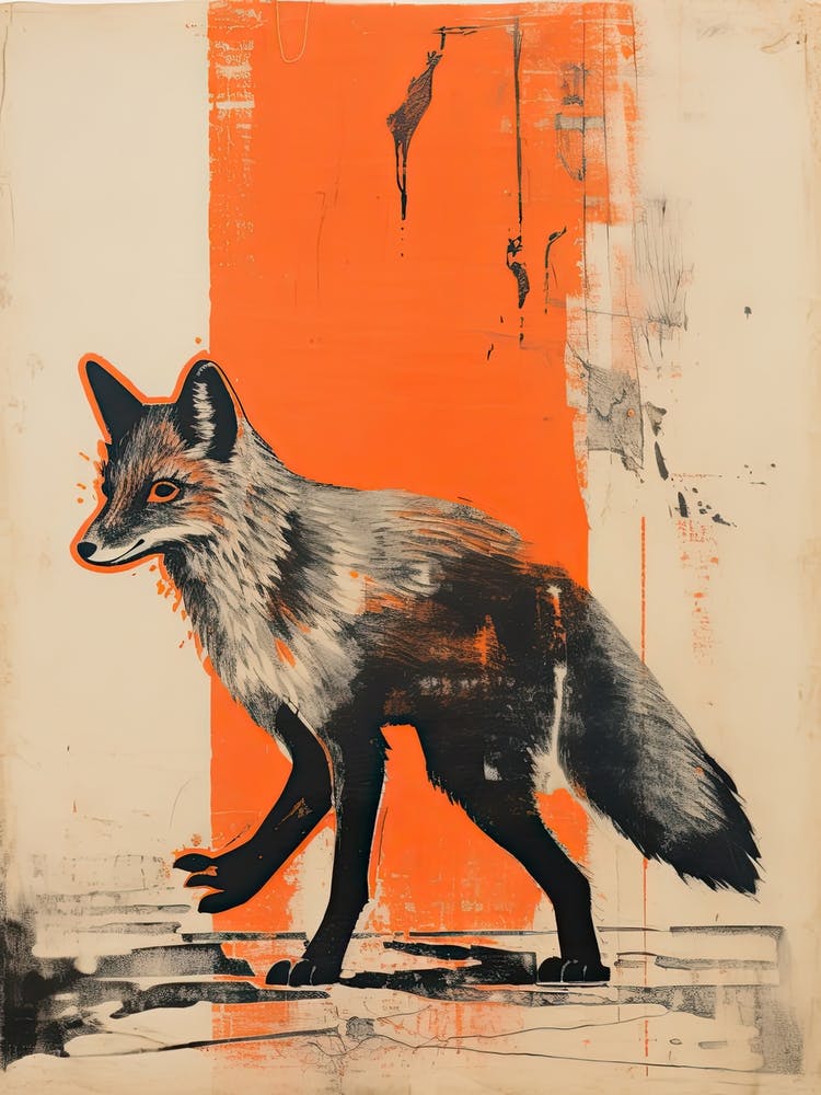 Gray Fox, Woodblock Animal Drawing 4