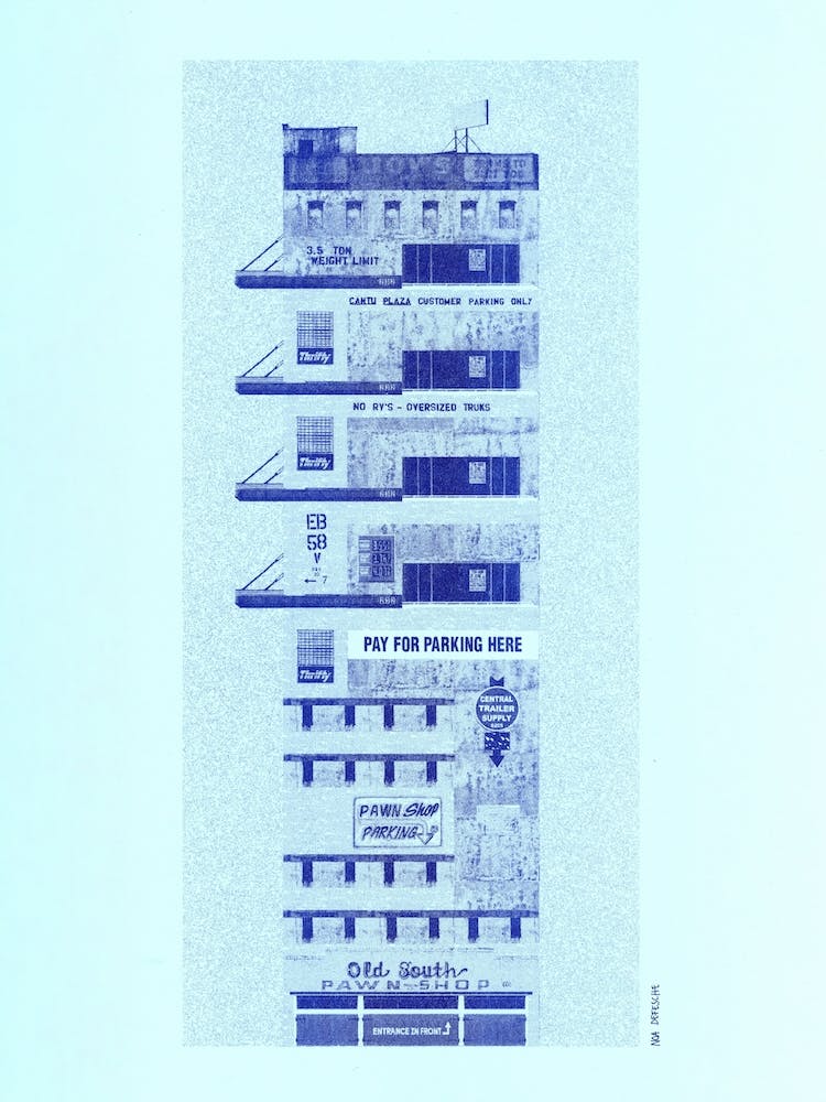 Old South Pawnshop Blue On Light Blue Risograph