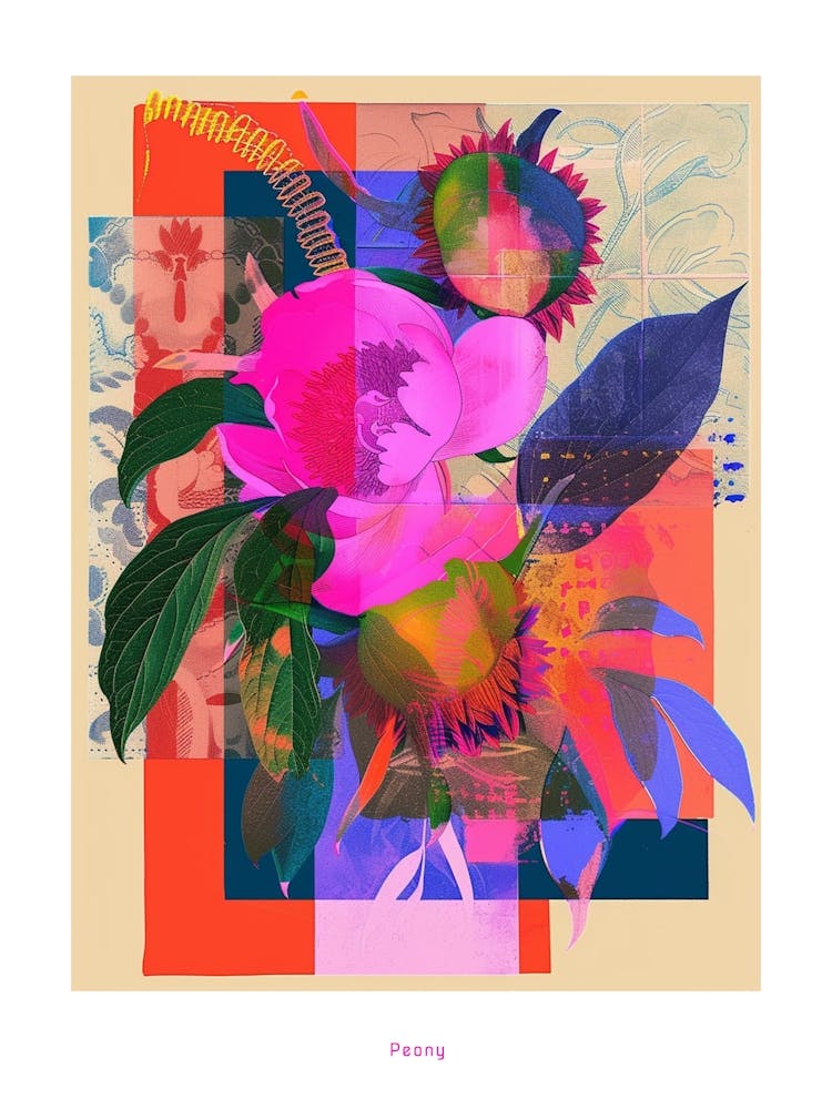 Pivoine 1 Affiche Collage Fleur Néon