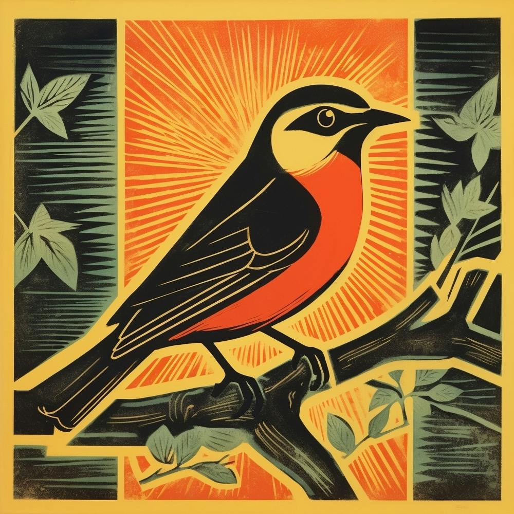 Retro Bird Lithograph Cedar Waxwing 2