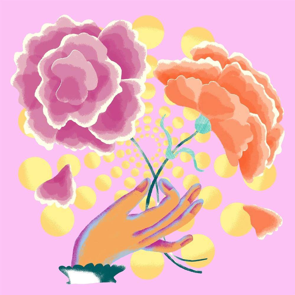 Orange And Purple Peony Flowers Held By Hand Square