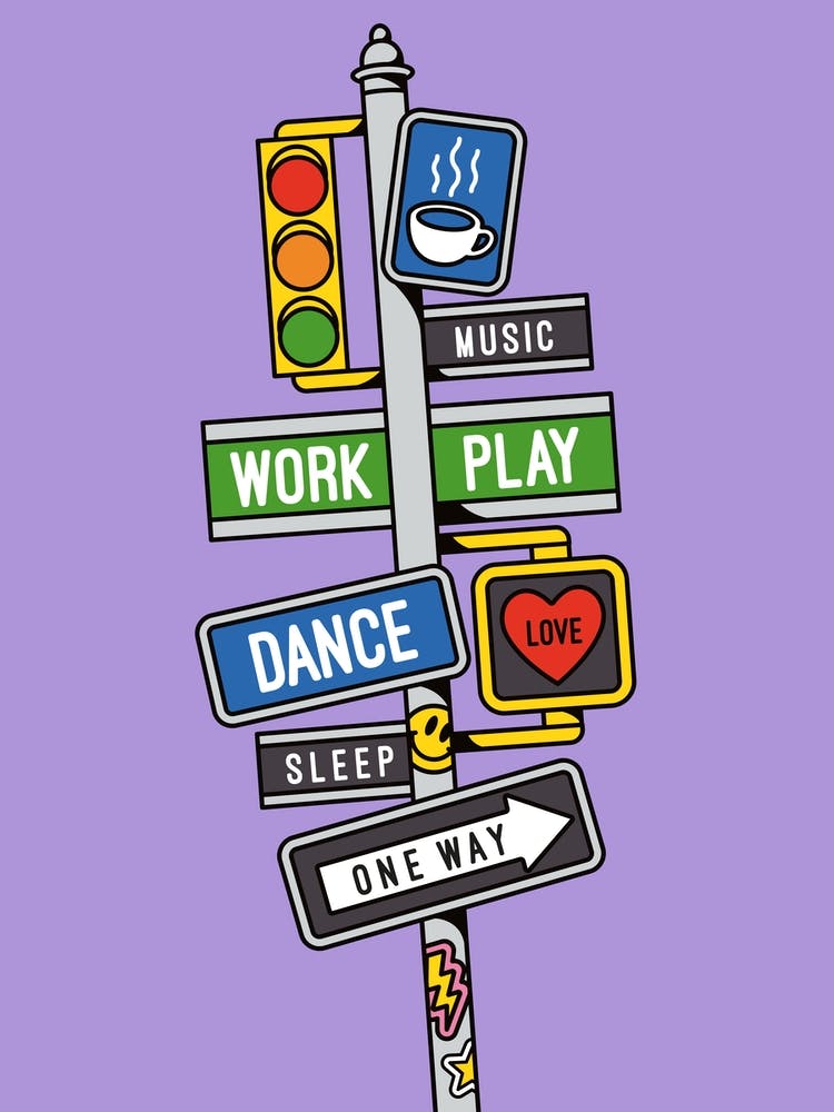 Purple Lilac Sleep Work Play Dance Music Coffee Love Street Signs Smiley Face Heart Star
