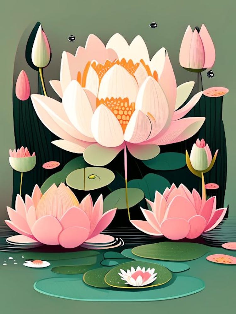 Blooming Lotus Flower In Pond Scandi Cartoon 1