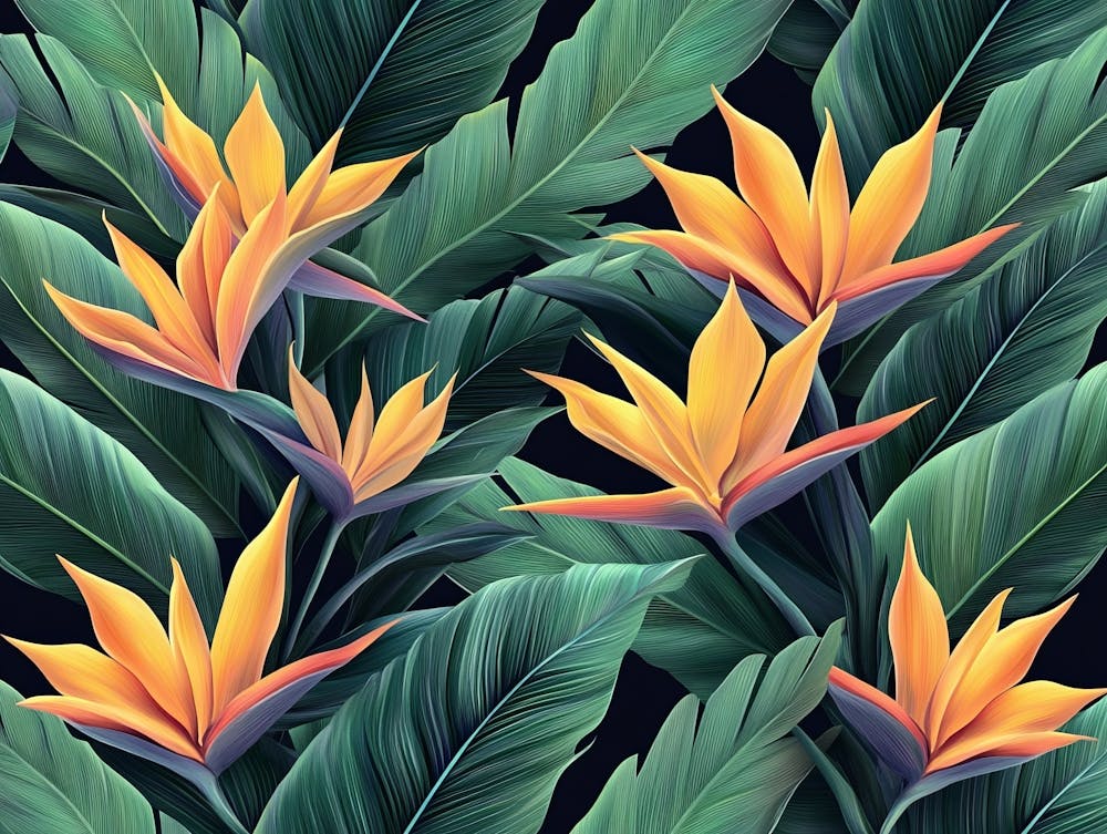 Seamless Pattern, Tropical Strelitzia Flowers, Palm Leaves In Green Color 1