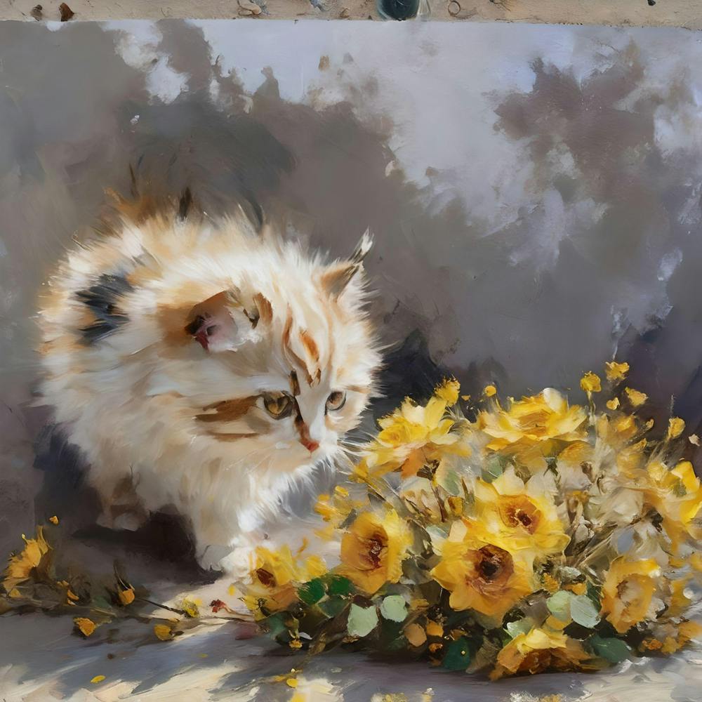 Cat With Yellow Flowers 1