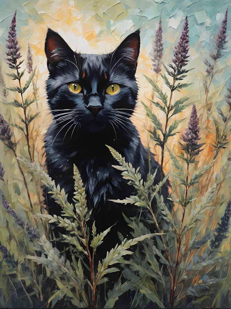 Black Cat Amongst Mugwort - Oil and Palette Knife Painting of A Beautiful Black Cat Sitting Among the Wild Herb Flowers - Kitty, Cat Lady, Pagan, Feature Wall, Witch, Fairytale Tarot Bastet Witchcraft August Blooming Colorful Painting in HD