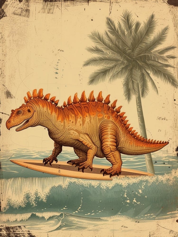 Vintage Ankylosaurus Dinosaur On A Surf Board