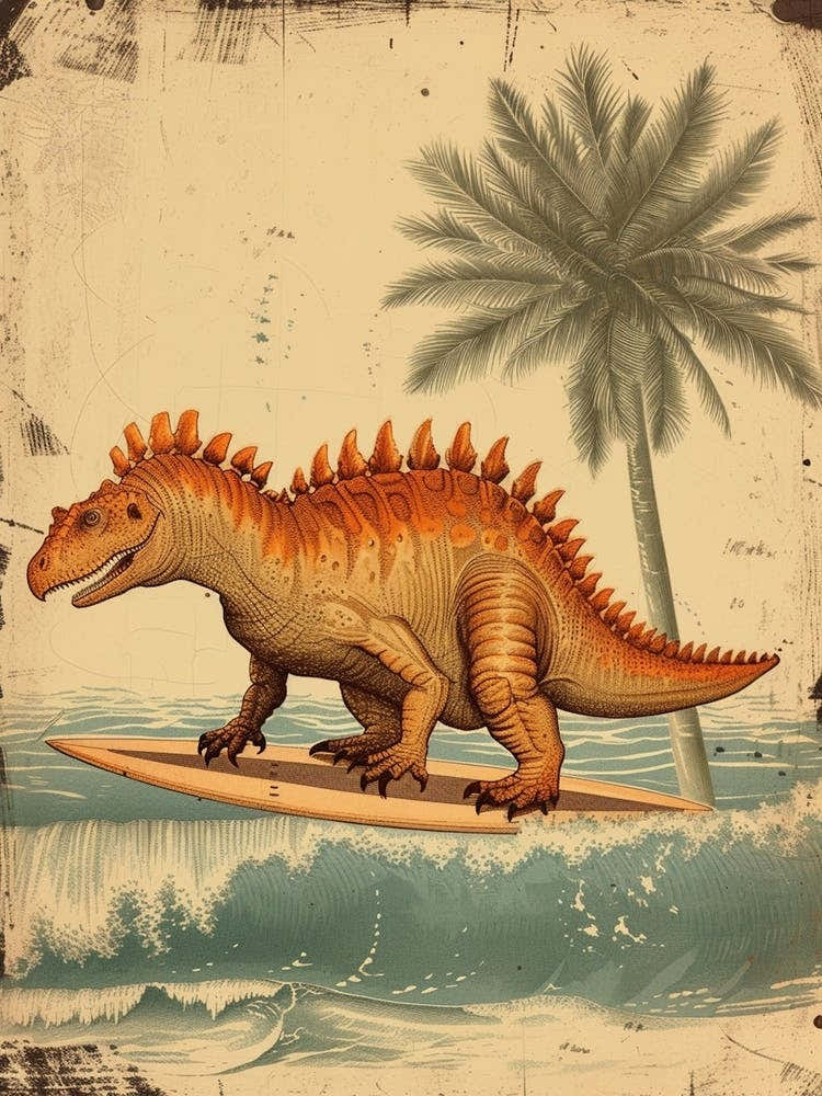 Vintage Ankylosaurus Dinosaur On A Surf Board