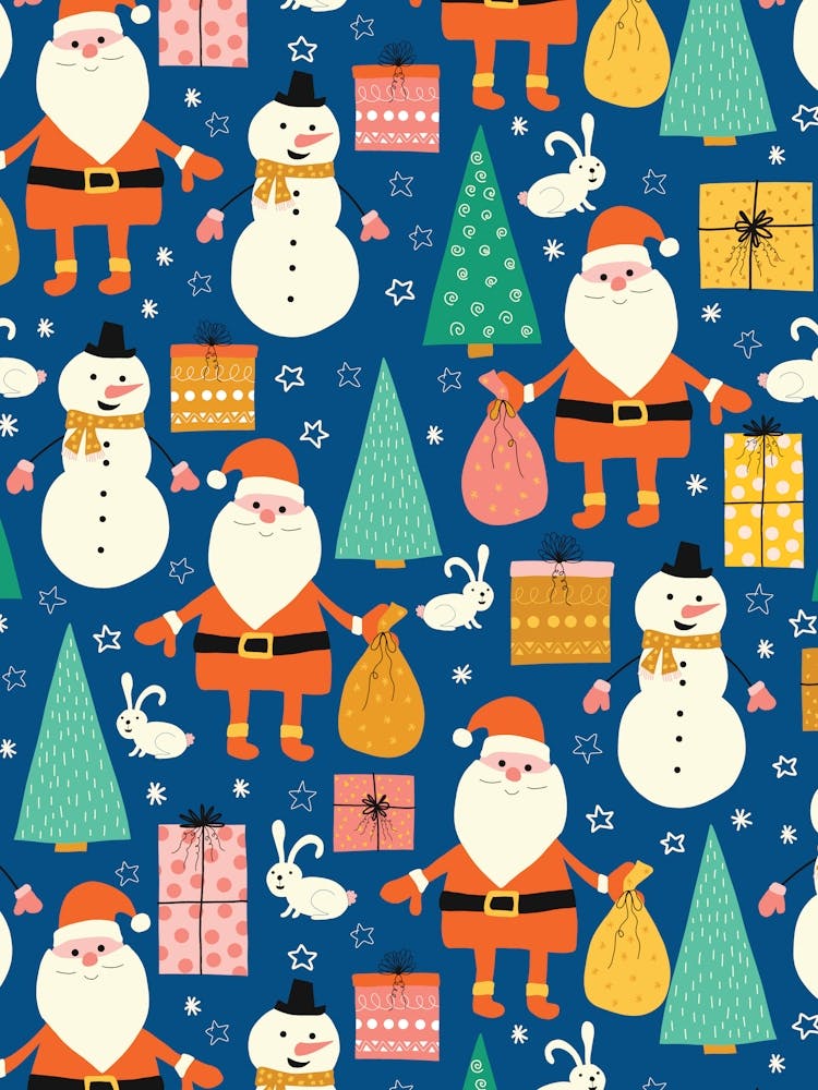 Happy Christmas Forest with Santa, Snowmen, and Rabbits on Dark Blue