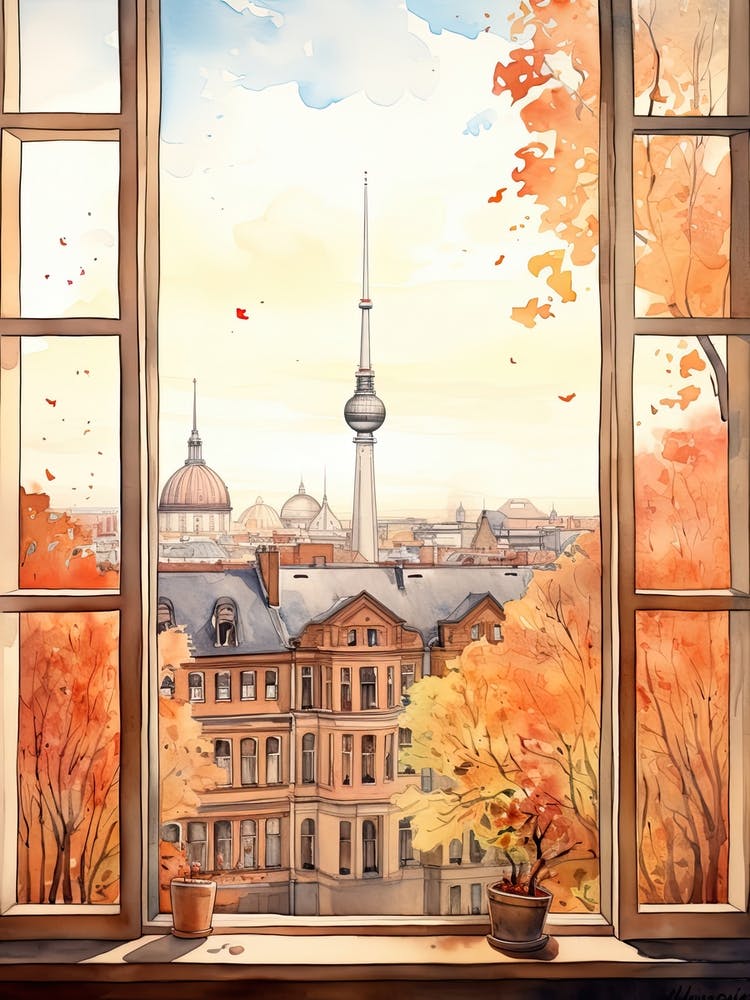 Window View Of Berlin Germany In Autumn Fall, Watercolour 2