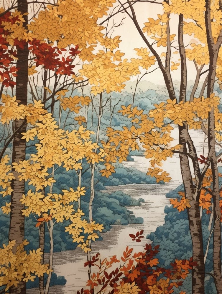 River Birch 5 Vintage Autumn Tree Print 