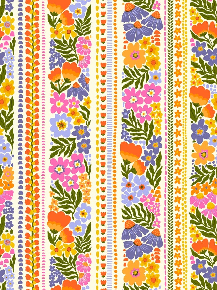 Folk Art Floral Stripes Vibrant Multicolor Flowers - Light