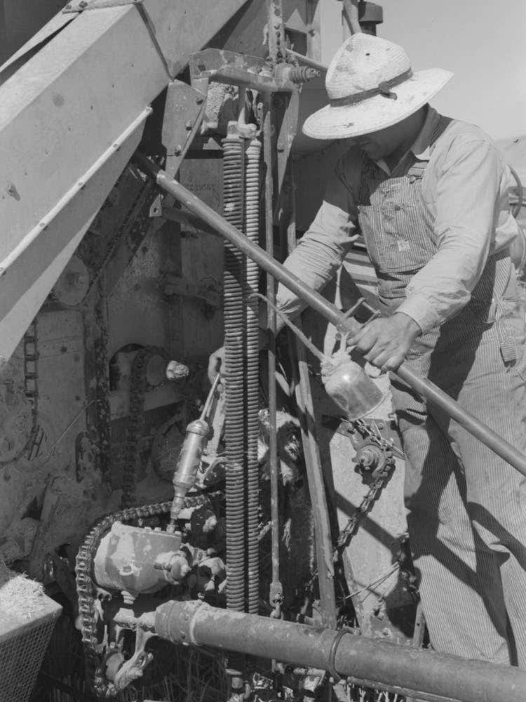 Member Of Fsa (Farm Security Administration) Cooperative Greasing The Machinery, Box Elder County, Utah By