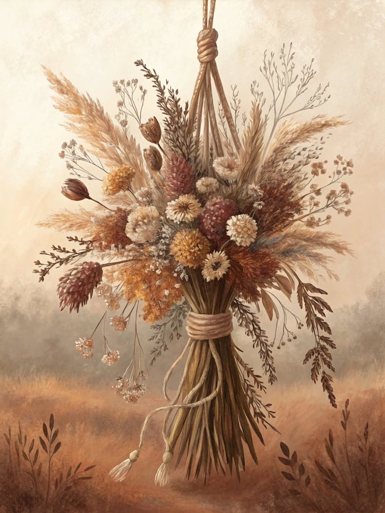 Oil Painting Style Hanging Dried Bouquet In Soft