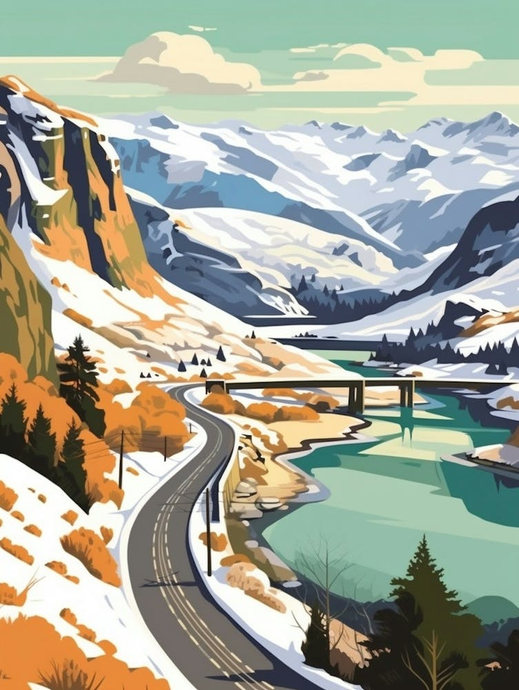 Vintage Winter Travel Illustration Snowdonia National Park United Kingdom 2