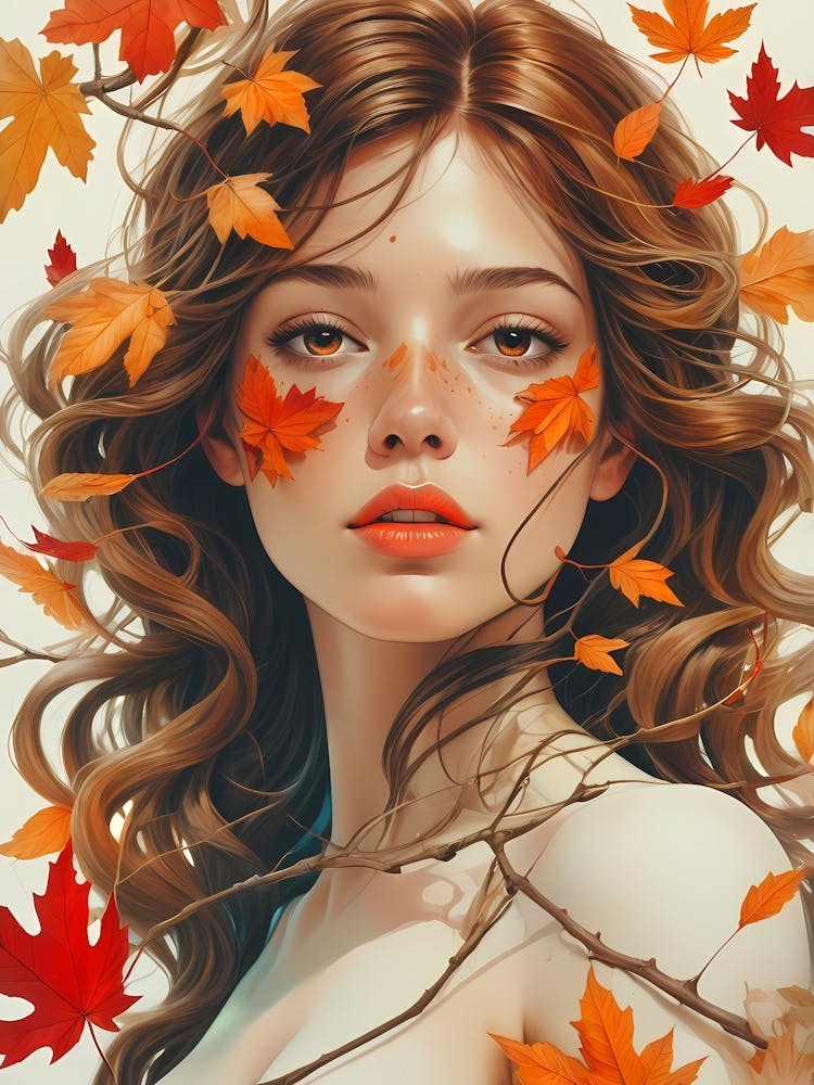 Woman with Freckles and Falling Leaves in a Dreamy Autumn Portrait