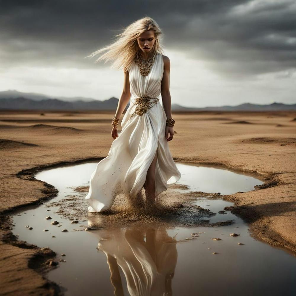 Tefnut, the Egyptian goddes of water walking through the desert in human form