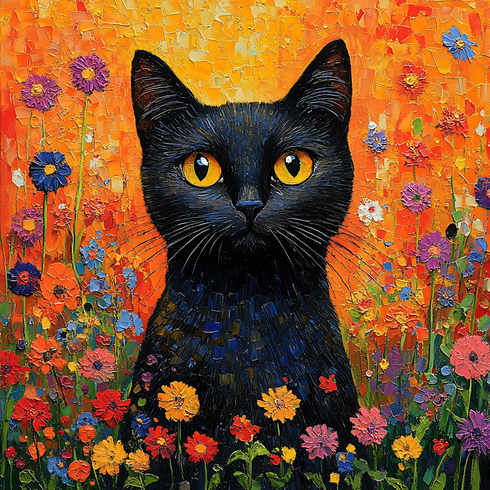 Black Cat In Flowers 1