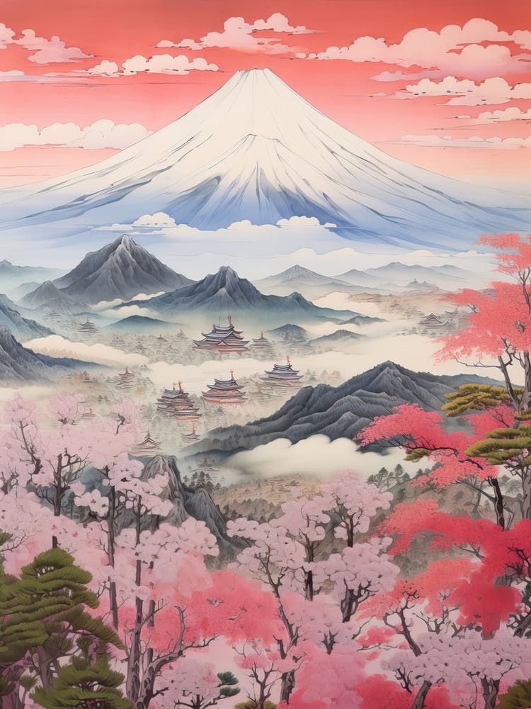 Yatsugatake Mountains In Yamanashi, Ukiyo E Drawing 1