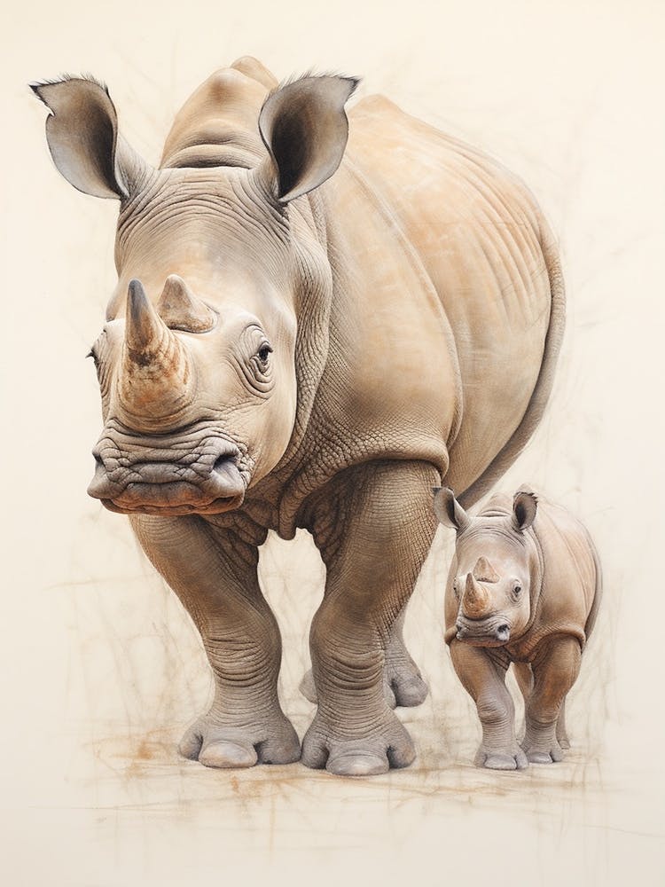 Rhino & Baby Rhino Sepia Illustration 2