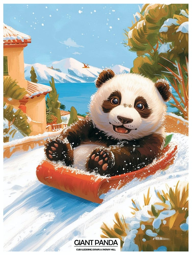 Giant Panda Cub Sledding Down A Snowy Hill Poster 3