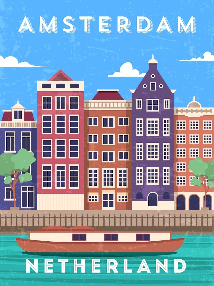 Amsterdam, Netherlands/Holland — Retro travel minimalist poster, retro travel wall art, vector art